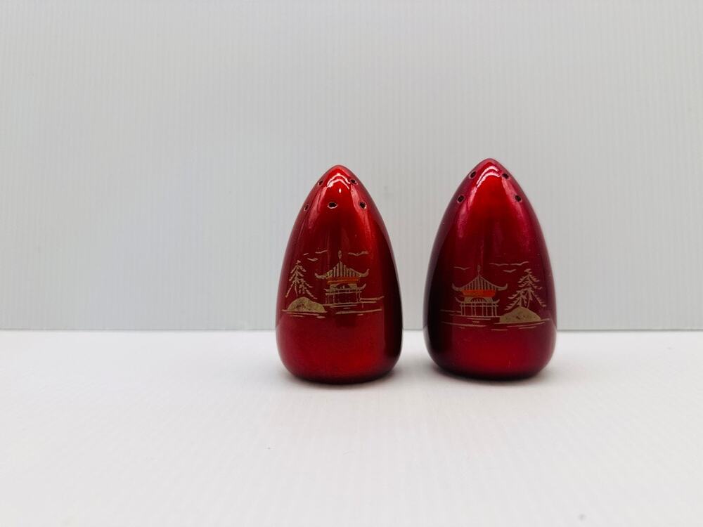 Vintage 1960s Mid-Century Red Lacquer Egg-Shaped Pagoda Salt & Pepper Shaker Set